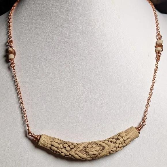 Vintage Embossed Ceramic Bar Necklace Artisan Crafted Jewelry Pure Copper Chain - Picture 15 of 16